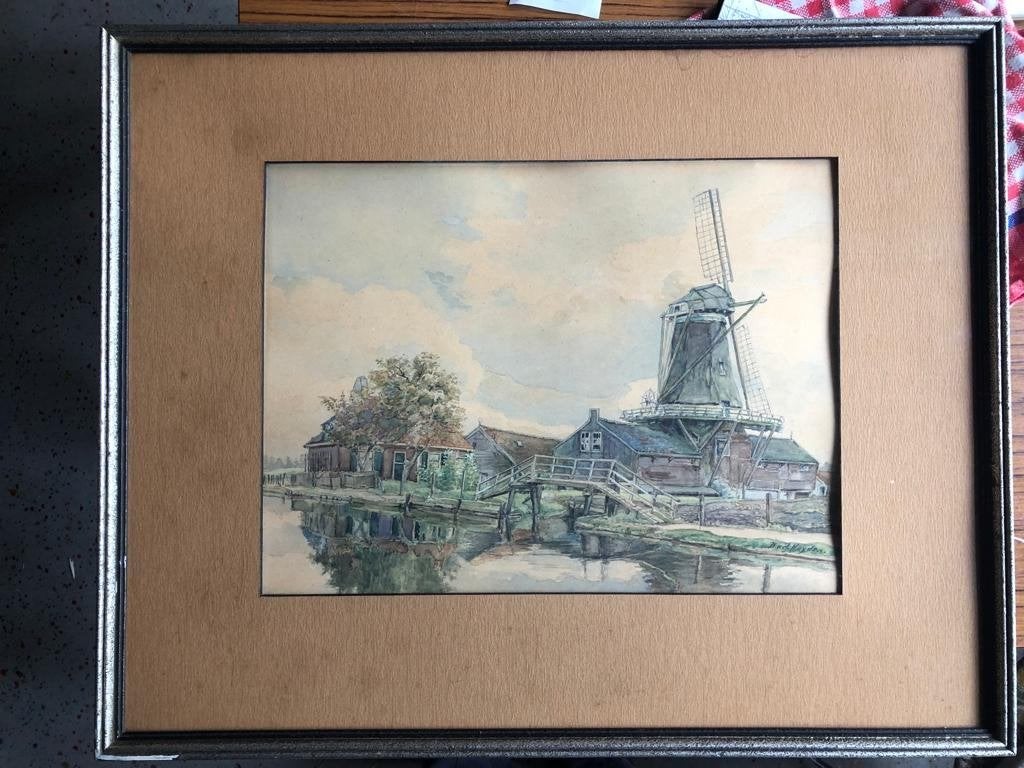 35) Aquarel, ingelijst met passepartout achter oud floatglas, Antiek en Kunst, Ophalen, Overige ondergronden, Overige onderwerpen