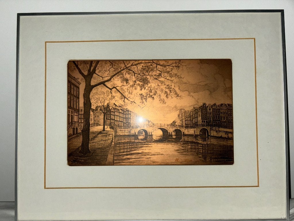 Originele gravure PLUS ets van Amsterdam, WP Schrijver, Antiek en Kunst, Kunst | Etsen en Gravures, Ophalen