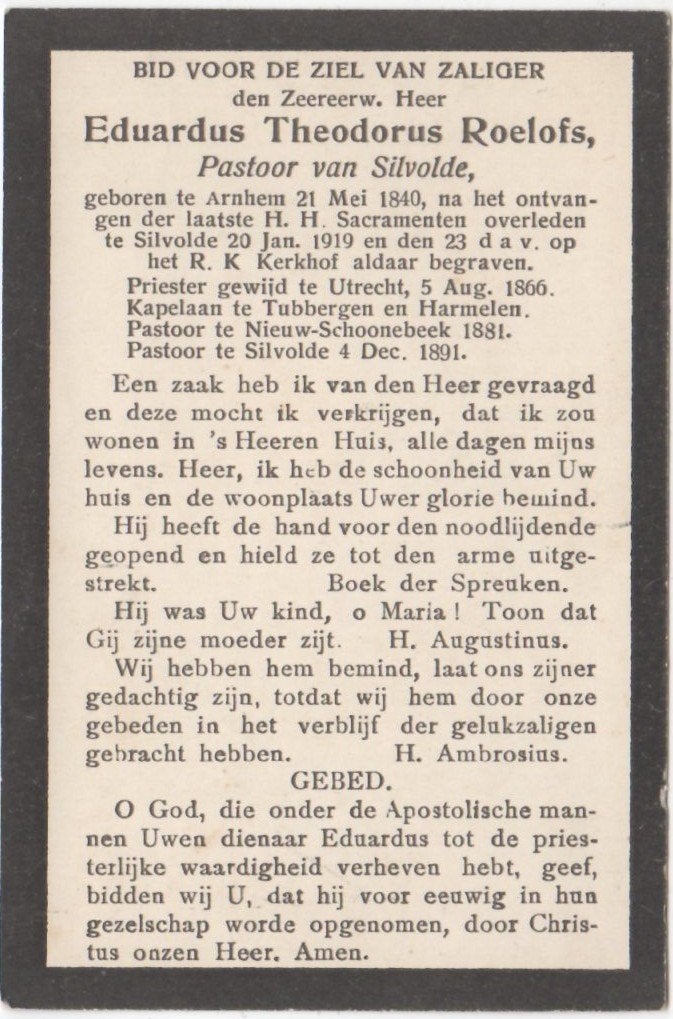 pastoor Eduardus Roelofs 1840 Arnhem + 1919 Silvolde, 78 jr, Ophalen of Verzenden