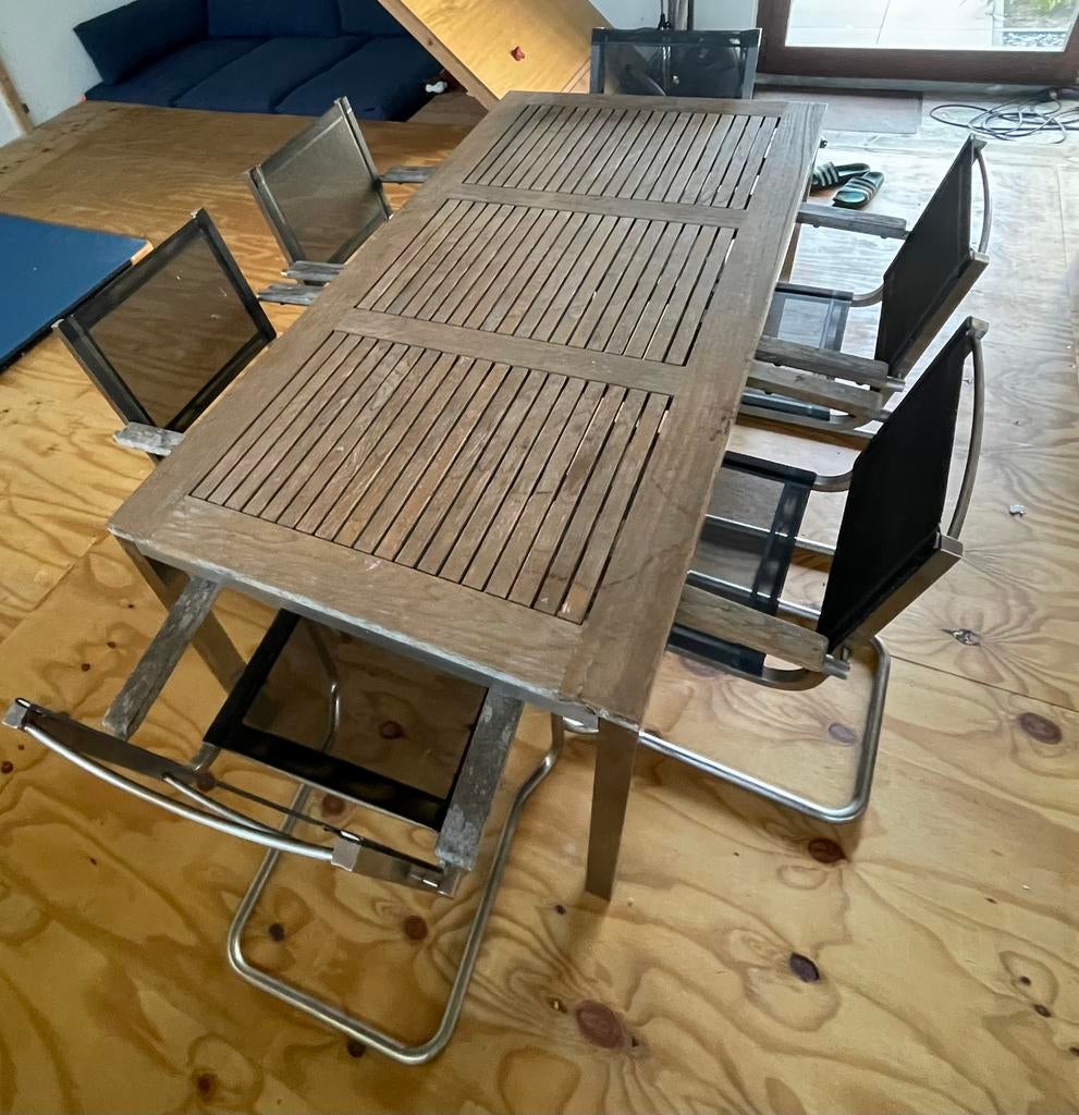Tuintafel met 6 stoelen, Ophalen, Gebruikt, Rechthoekig, Teakhout