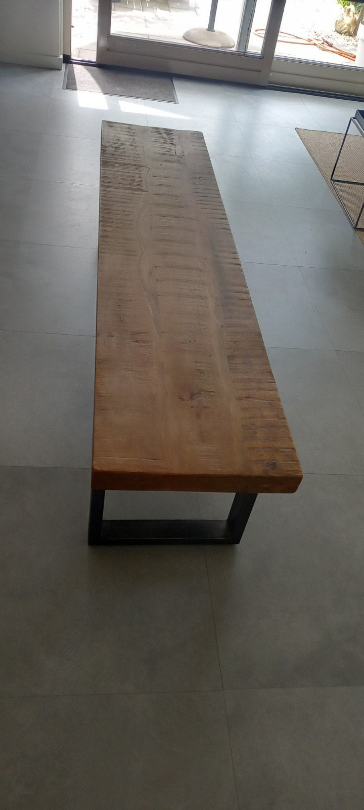 Robuuste mango houten bank met metalen onderstel, Ophalen, Gebruikt, Industrieel, robuust, Metaal