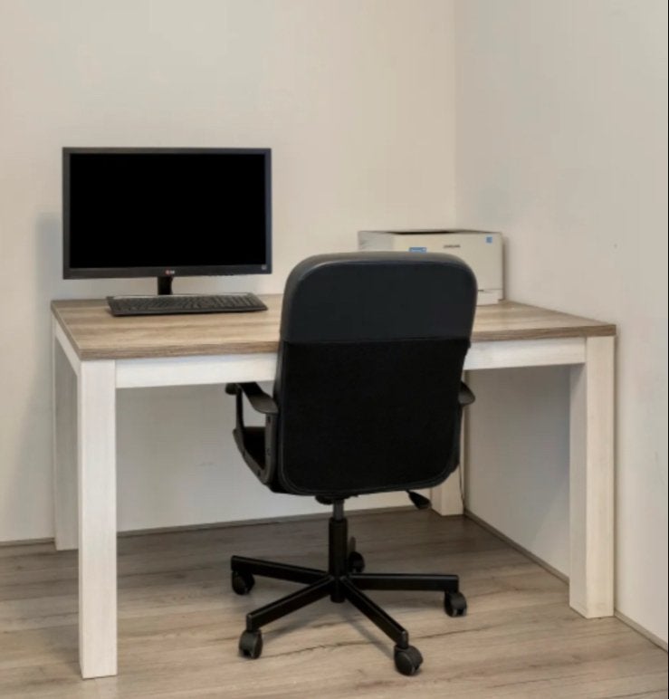 Eettafel 140x80 met houtlook blad en wit onderstel, Ophalen, Gebruikt, Rechthoekig, 50 tot 100 cm