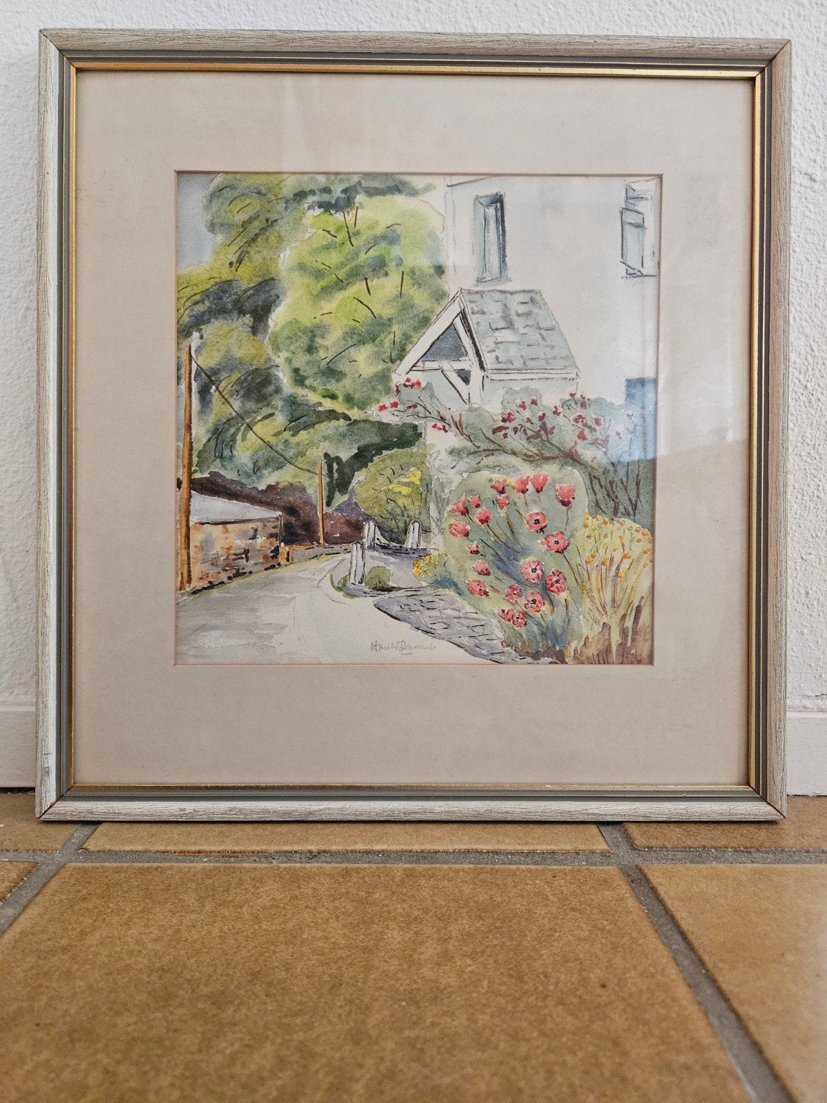 Waterverf schilderij voorkant cottage in lijst, Minder dan 50 cm, Gebruikt, Oorspronkelijke maker, Ophalen of Verzenden
