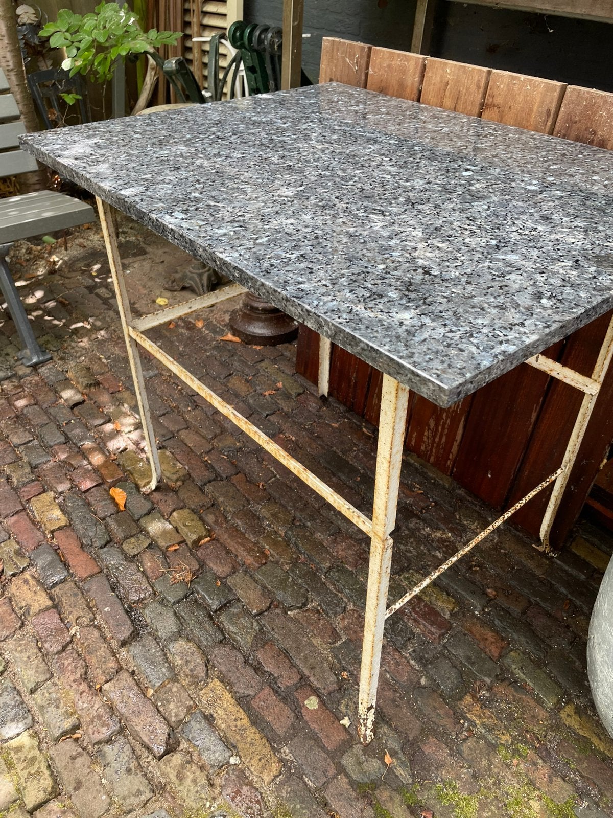 Plantentafeltje gietijzeren tafel natuursteen blad, Ophalen, Gebruikt, Rechthoekig, Metaal