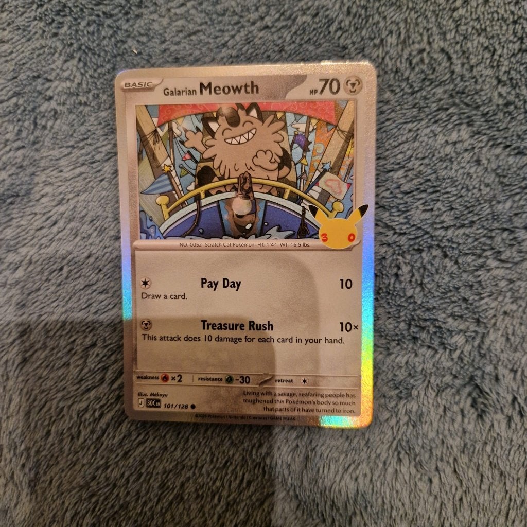 Galarian Meowth 101/128 Pokémon 30th Celebration holo, Ophalen of Verzenden, Zo goed als nieuw, Losse kaart, Foil