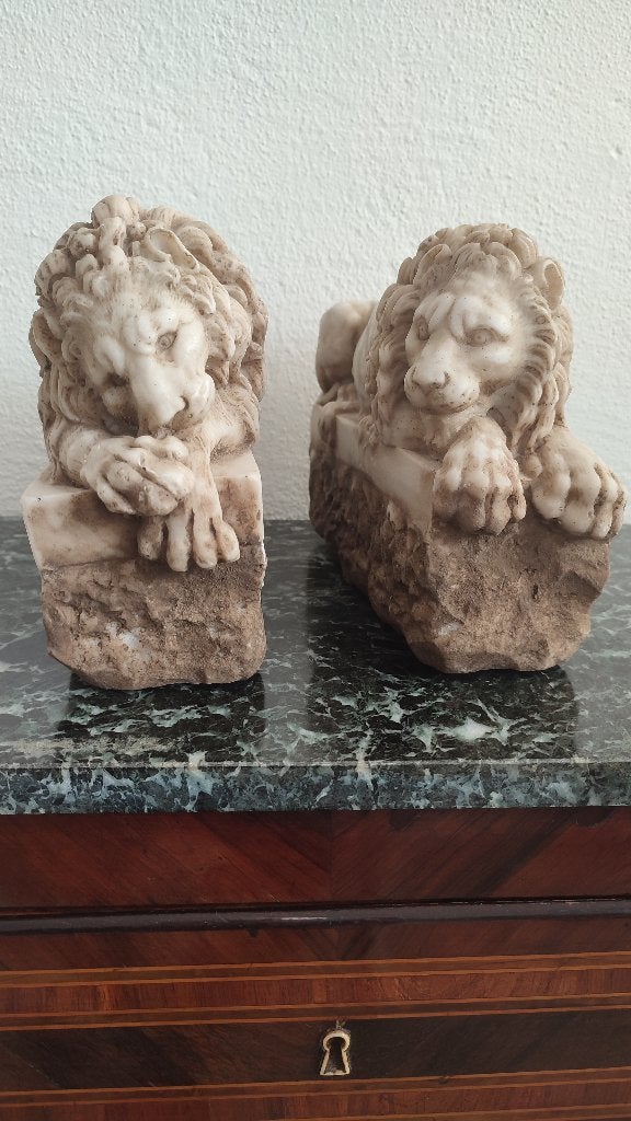2  leeuwen op sokkel in poedermarmer, Verzamelen, Beelden en Beeldjes, Ophalen of Verzenden, Gebruikt, Dier
