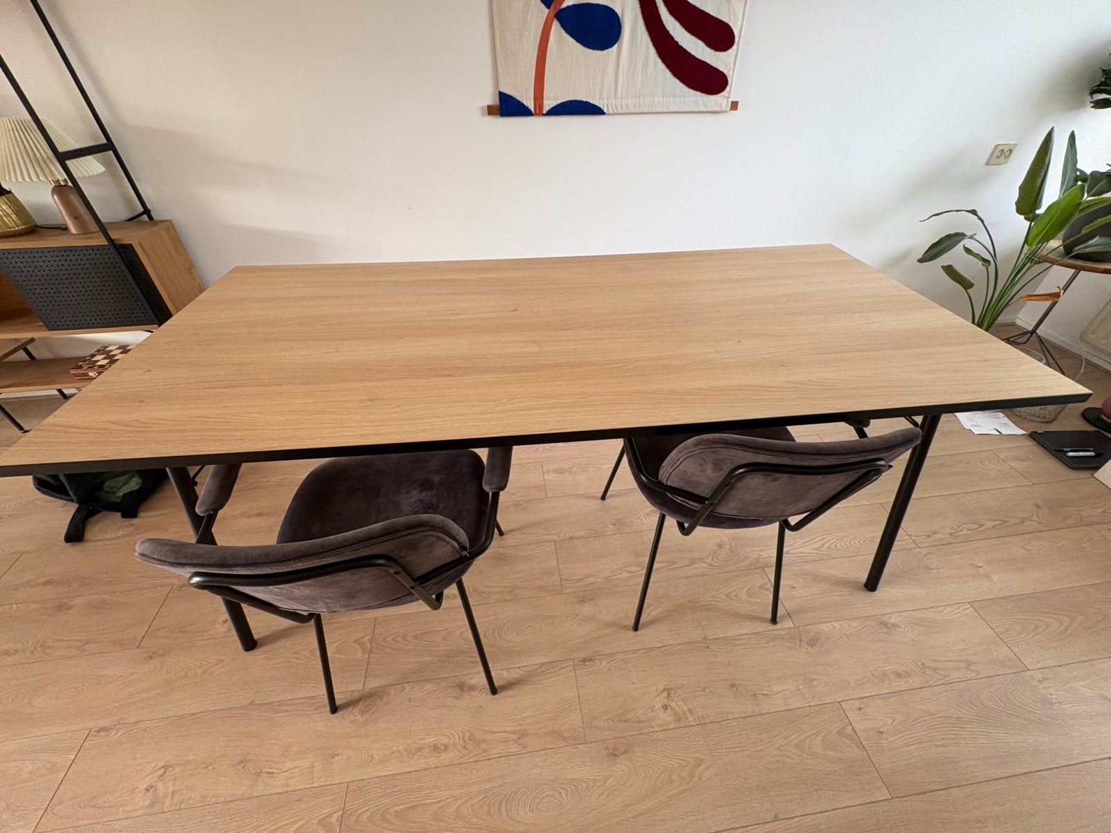 Lichte eikenlook eettafel met zwarte metalen poten, Ophalen, Gebruikt, 50 tot 100 cm, Vijf personen of meer