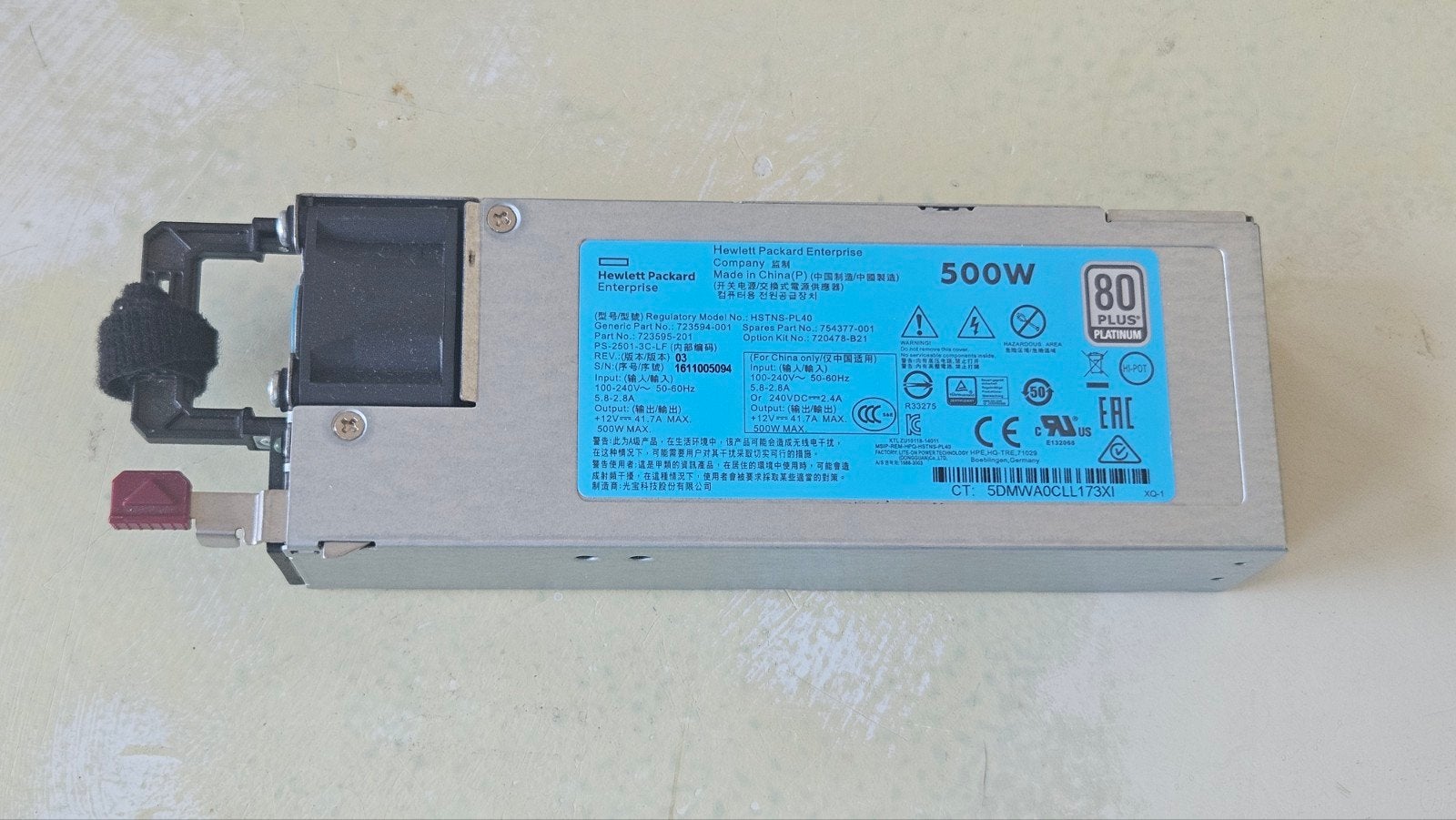 HPE PSU 500W Platinum Voeding 723594-001 Server Voeding, Computers en Software, Ophalen of Verzenden, Gebruikt
