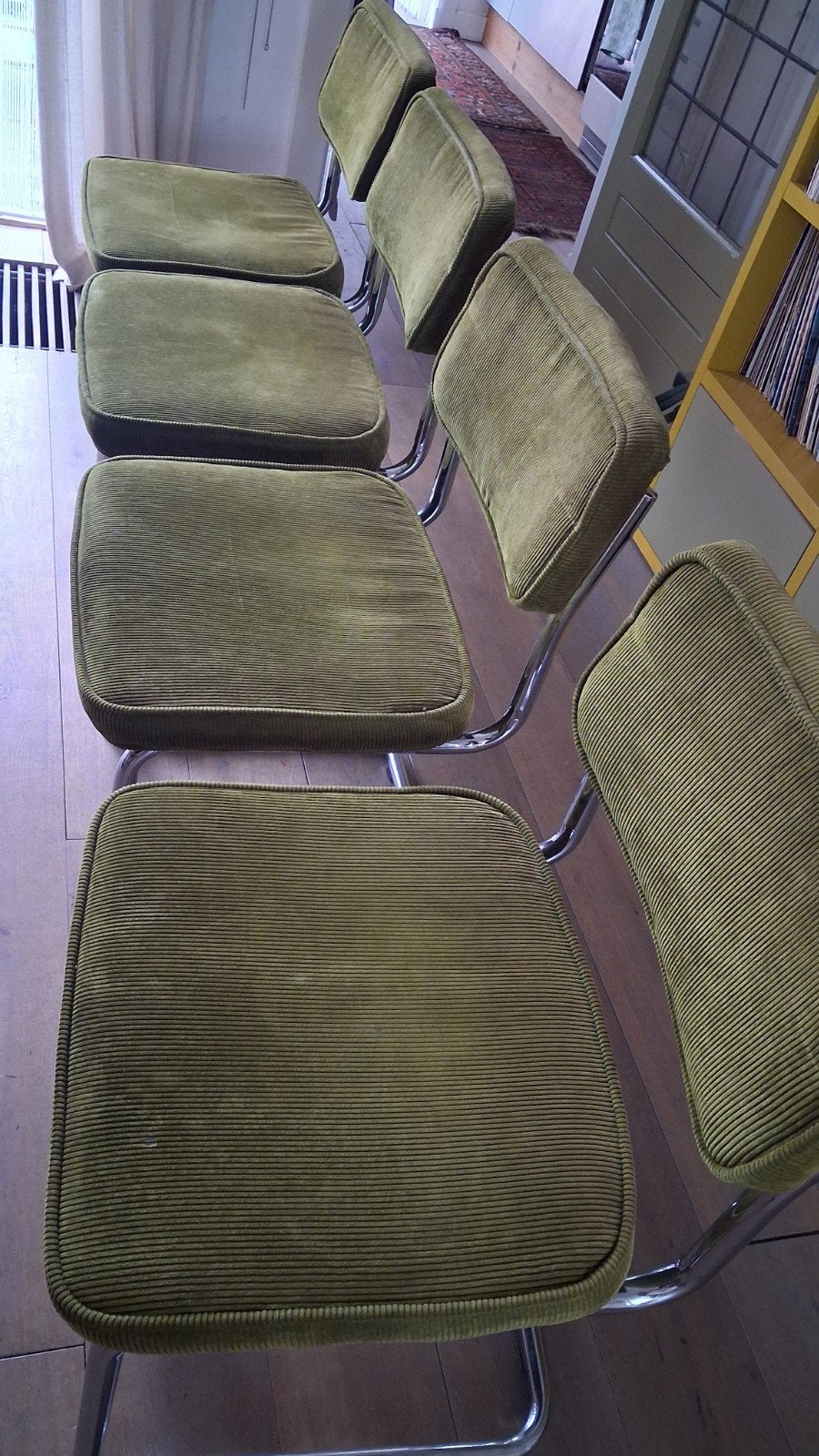 4 buisframe rib olijfgroen stoelen., Ophalen, Overige kleuren