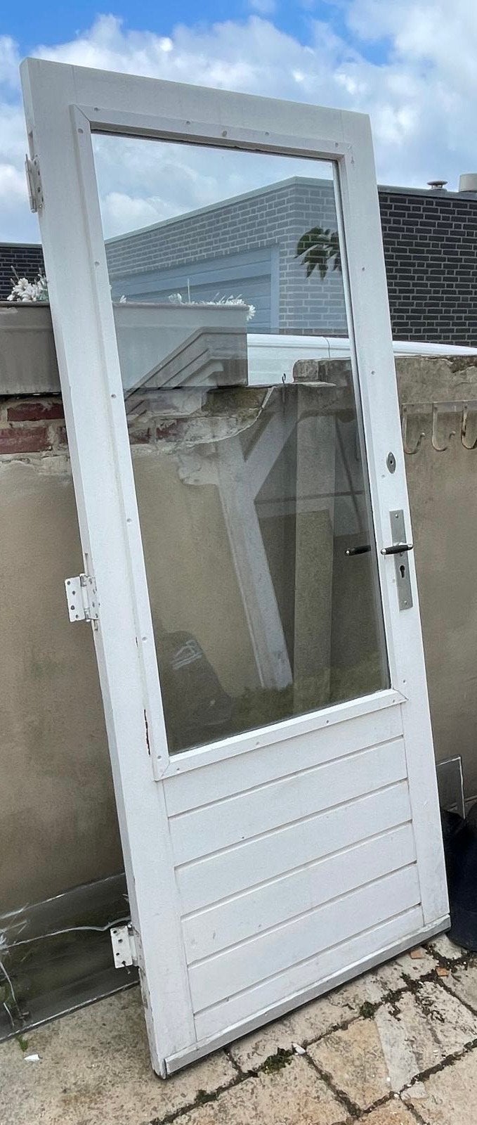Hardhouten deur 210x88 cm met glas en beslag, Doe-het-zelf en Verbouw, Deuren en Horren, Ophalen, Gebruikt, 80 tot 100 cm, Buitendeur