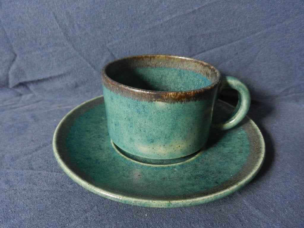 Zeer fraaie blauw groen bruine kop en schotel Zaalberg MINT, Ophalen of Verzenden
