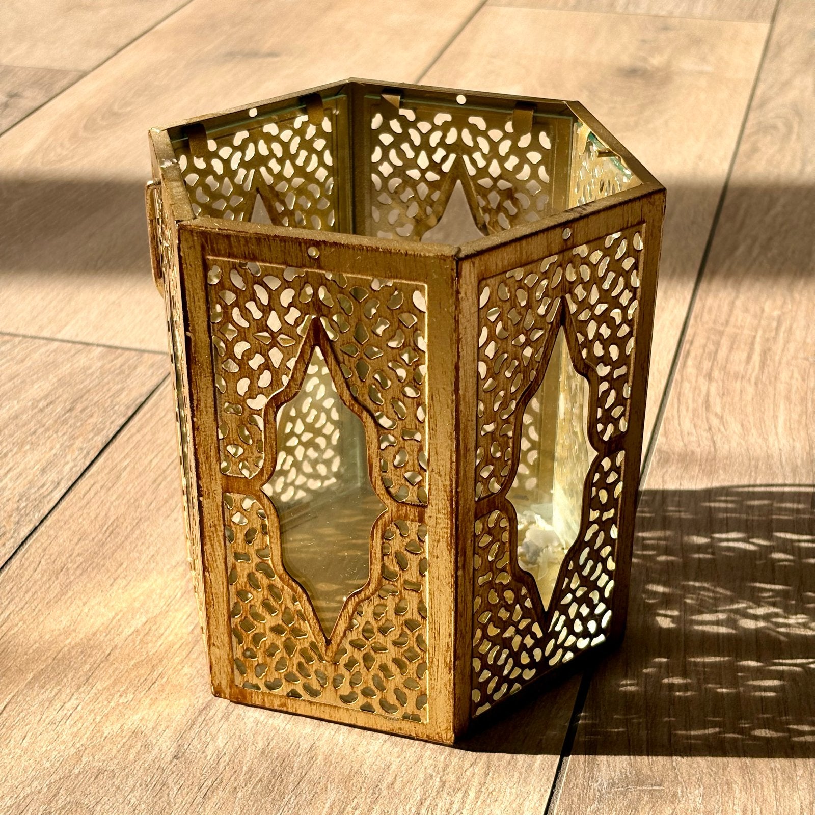 Set van 4 gouden Marokkaanse windlichten/lantaarns, Huis en Inrichting, Woonaccessoires | Kandelaars en Kaarsen, Windlicht, Gebruikt