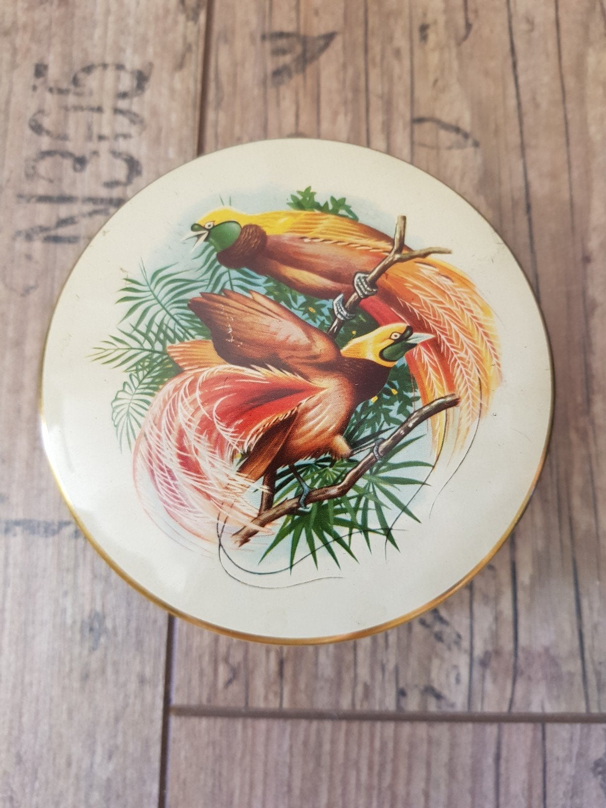 antiek blik tropische vogels en bloemen, Ophalen of Verzenden