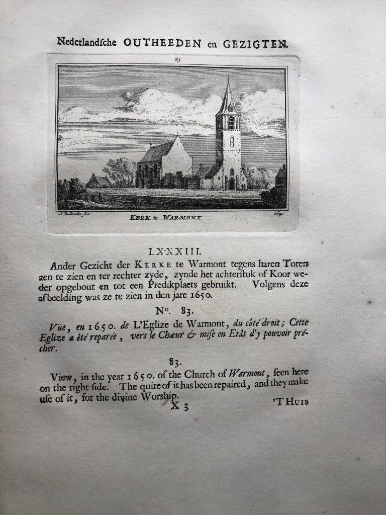 083 / Warmond de Kerk Kopergravure 1731, Antiek en Kunst, Kunst | Etsen en Gravures, Ophalen of Verzenden