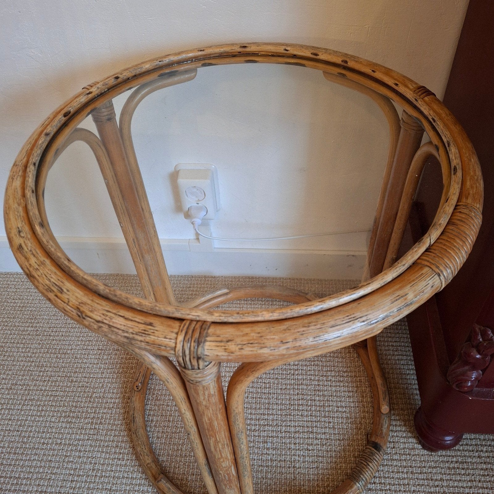 rotan tafeltje met glas, Minder dan 55 cm, Gebruikt, Rond, Glas