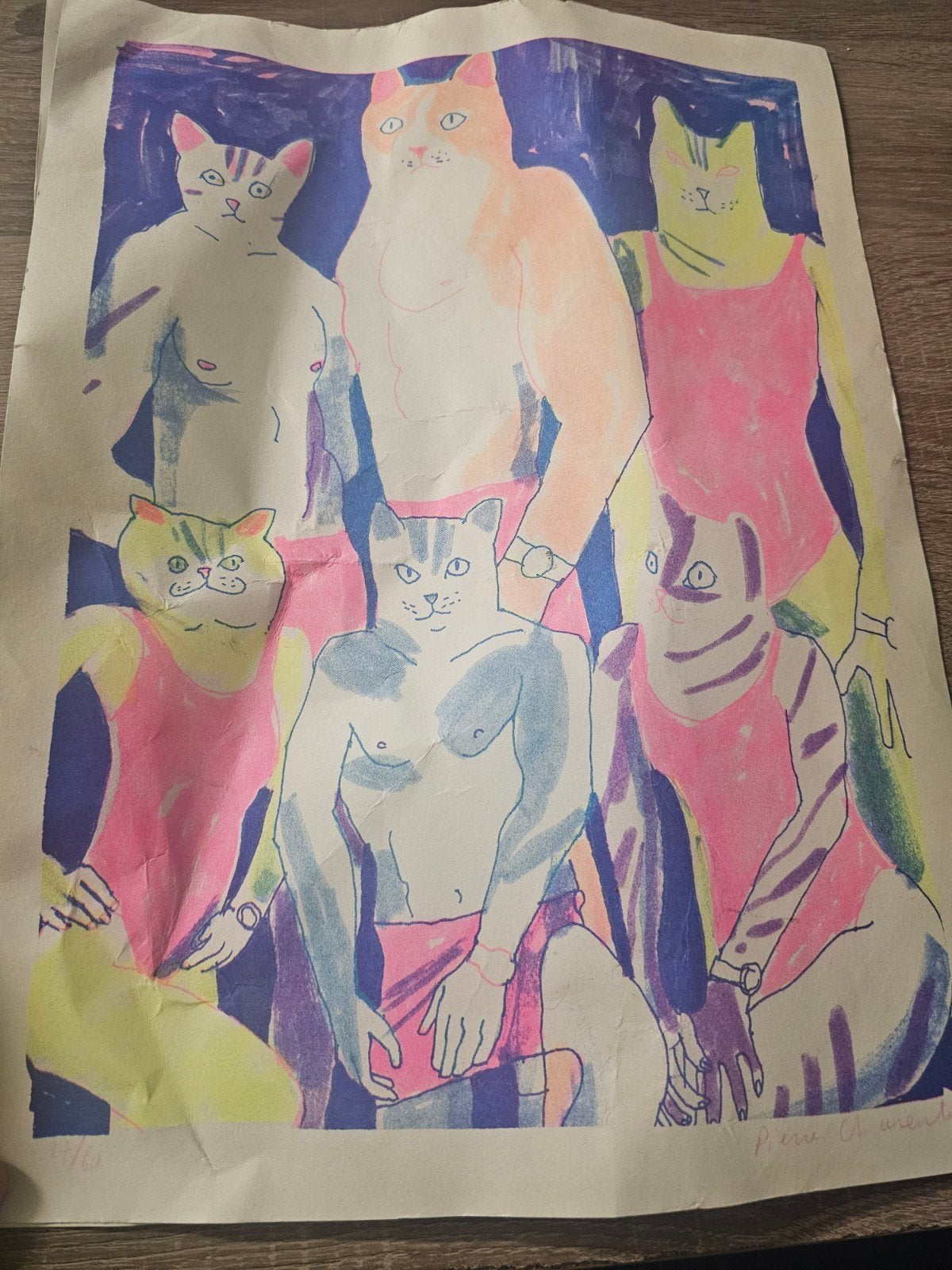 Unieke Zeefdruk: Gespierde Katten in Levendige Kleuren, Ophalen, 1950 - 1999, Genummerd, Flora en Fauna