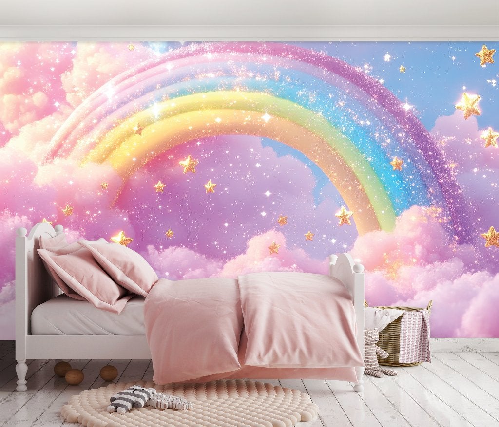 Fotobehang Meisjeskamer Magische Regenboog tussen de Wolken, Huis en Inrichting, Stoffering | Behang, Overige patronen, Info@fotobehangkoning.nl