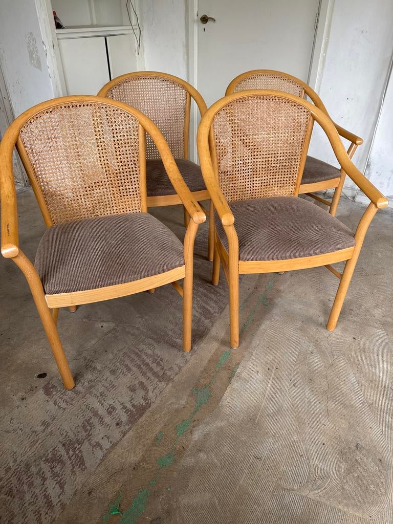 Eetkamerstoelen Hout Rotan Ribstof, Ophalen, Gebruikt, Bruin, Vier
