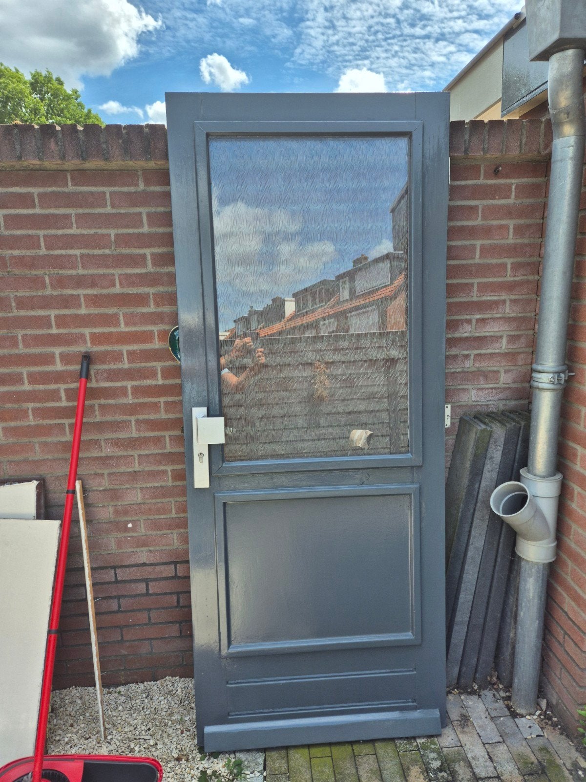 Hardhouten buitendeur met dubbel glas en slot, Ophalen, Gebruikt, 200 tot 215 cm, Glas