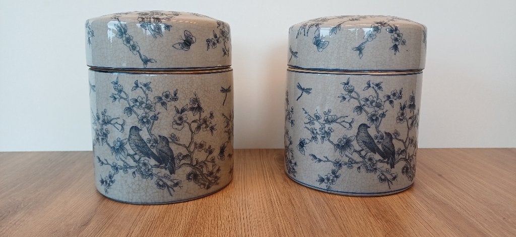 2 identieke potten met deksel, ontwerp met vogels, Ophalen