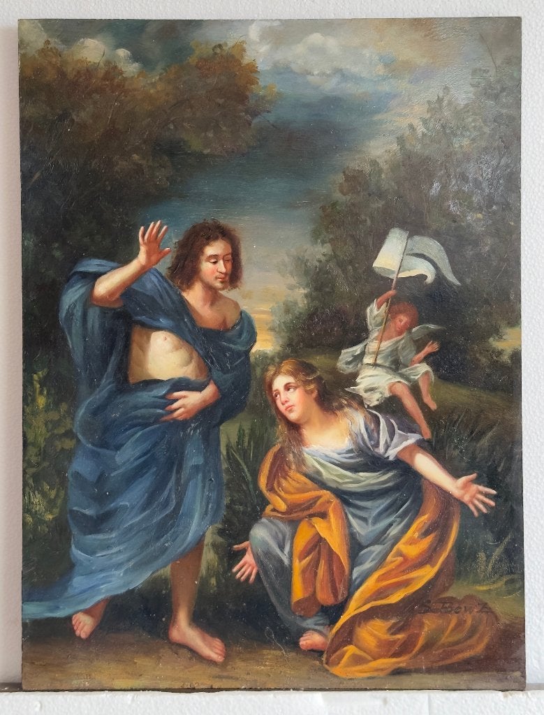 Bijbelse scène: Olieverf op paneel door S. Bowz, Antiek en Kunst, Ophalen, Olieverf, Klassiek, Overige onderwerpen