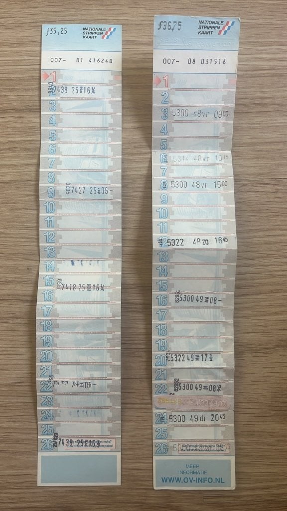 2 grote Nationale strippenkaarten (Gulden), Verzamelen, Spoorwegen en Tramwegen, Ophalen, Gebruikt, Bus of Metro, Overige typen