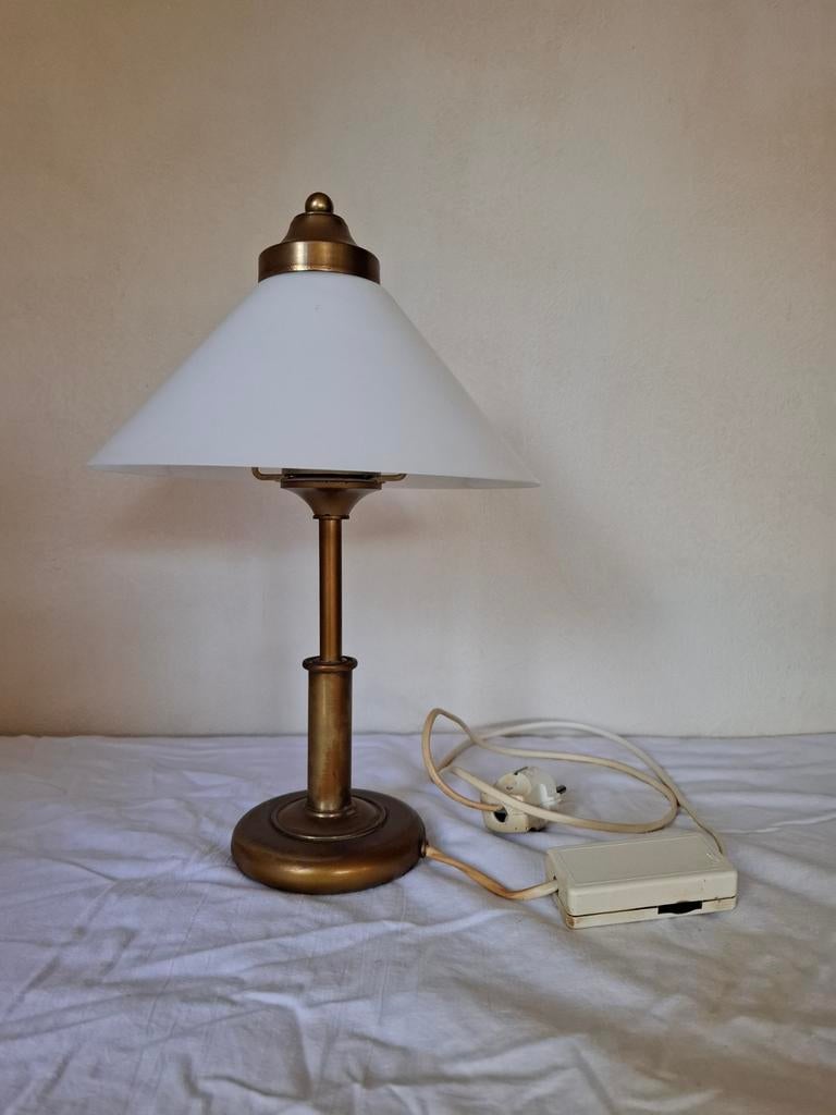 Klassieke tafellamp met opalen kap - messing- met dimmer, Huis en Inrichting, Lampen | Tafellampen, Klassiek, Art Deco, Gebruikt