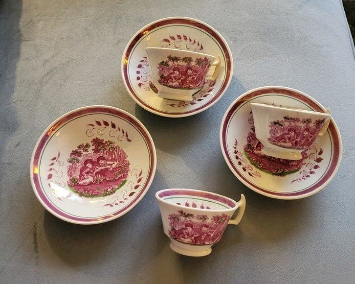3 antieke Engelse lustreware kop en schotels ca 1830, Antiek en Kunst, Ophalen of Verzenden