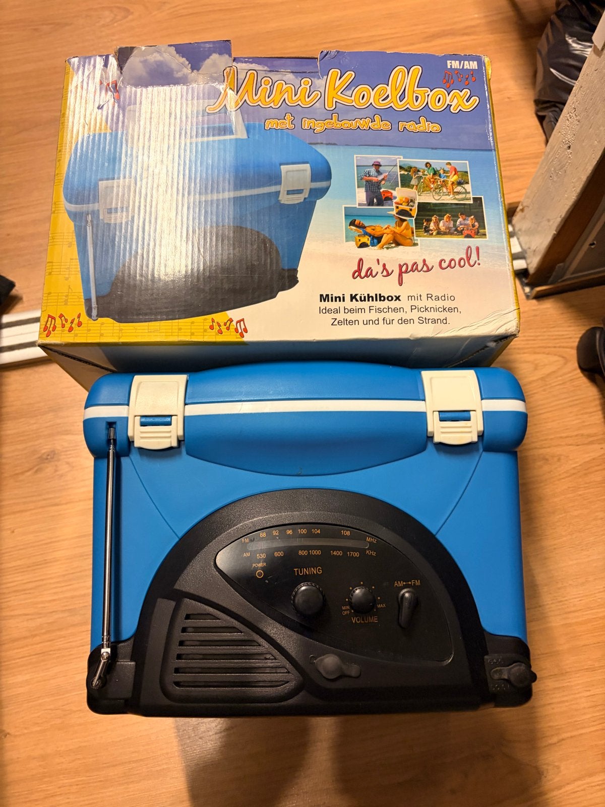 Vintage blauwe mini-koelbox met AM/FM-radio en originele doo, Ophalen, Gebruikt, Koelbox, Koelelement