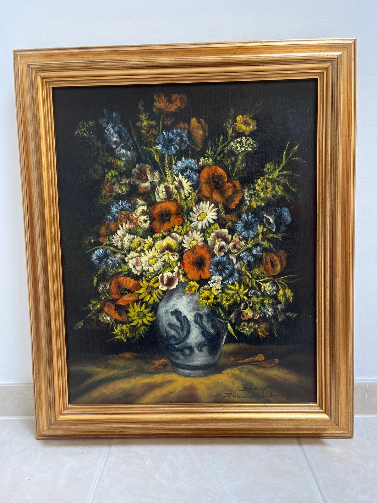 Vintage Schilderij: Levendige Bos Bloemen in Vaas, Antiek en Kunst, Bloemen, Doek, Ophalen of Verzenden, Olieverf