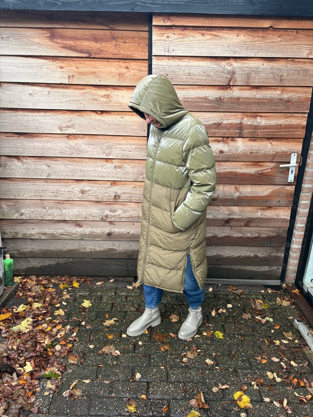 Yaya Legergroene Lange Puffer Jas - Maat 38, Ophalen of Verzenden, Zo goed als nieuw, Maat 38/40 (M), Groen