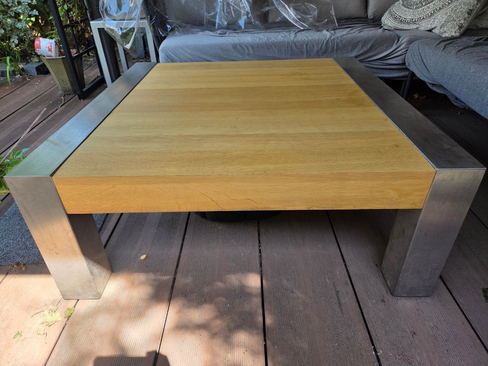 Salontafel 100x100x40 cm met aluminium poten en beuken blad, Ophalen, Vierkant, 50 tot 100 cm
