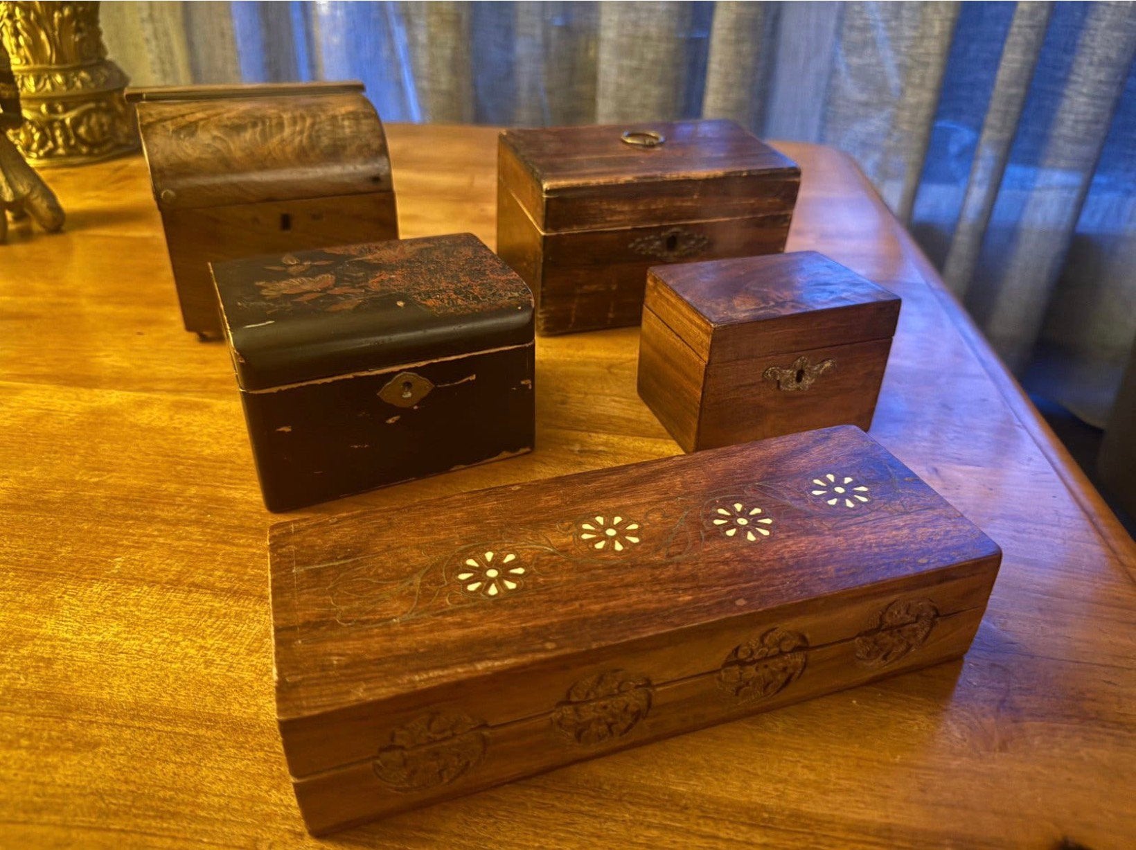 Unieke set van 5 antieke / vintage houten kistjes & doosjes, Ophalen of Verzenden