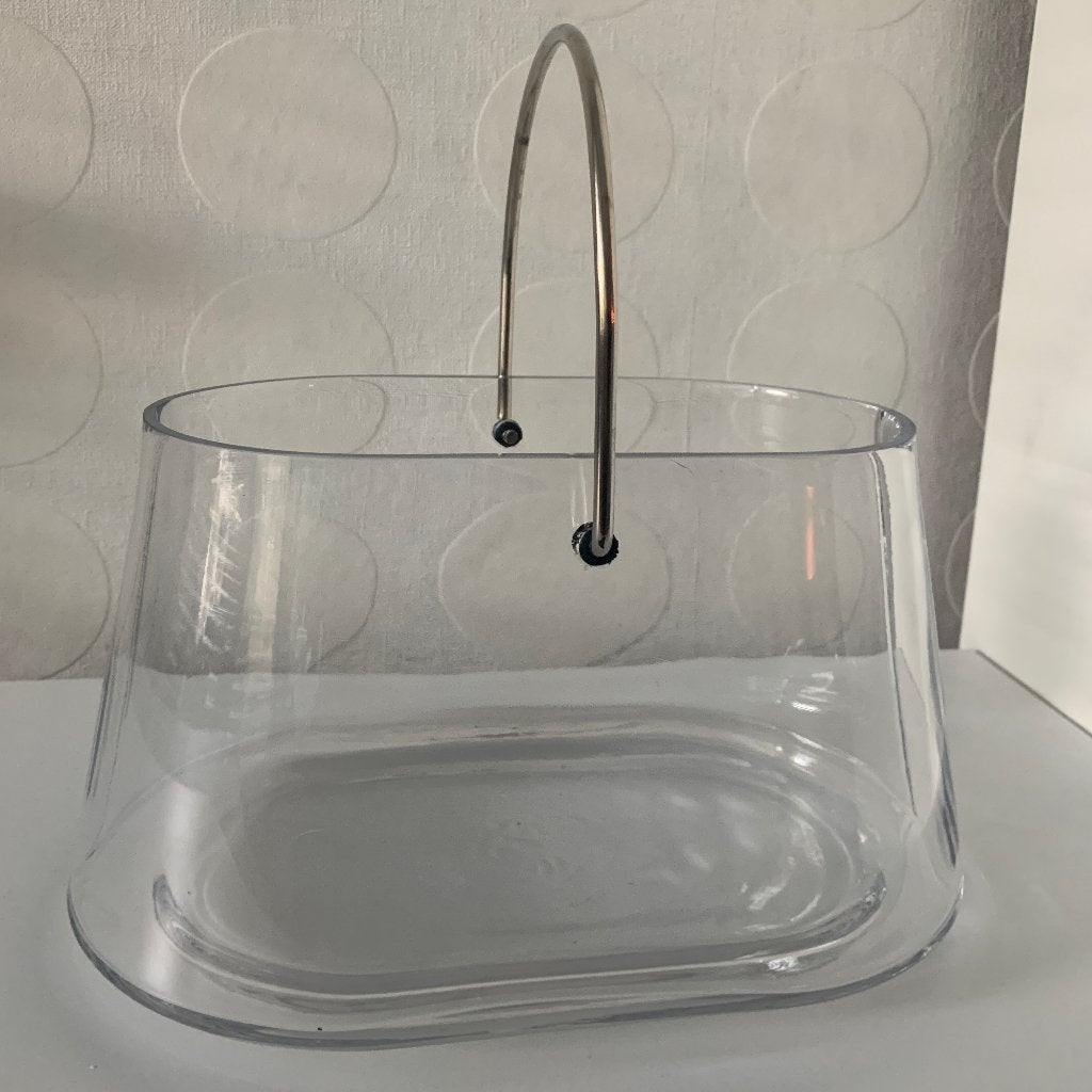 VT WONEN ovalen, glazen vaas met metalen hengsel, Ophalen of Verzenden, Zo goed als nieuw, Overige kleuren, Glas