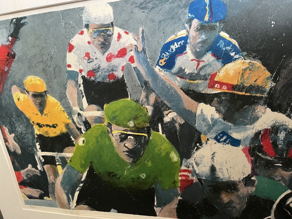 Litho zeefdruk Tour de France wielrenners 1992 . 190/300, Antiek en Kunst, Kunst | Litho's en Zeefdrukken, Zeefdruk, Gelimiteerde oplage