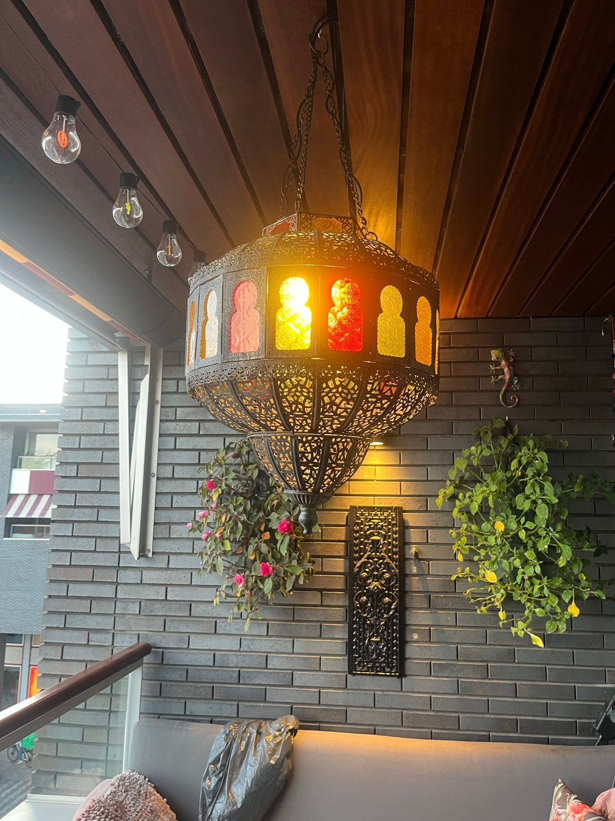 Oosterse Hanglamp met Gekleurd Glas, Ophalen of Verzenden, Zo goed als nieuw, Metaal, Overige fittingen