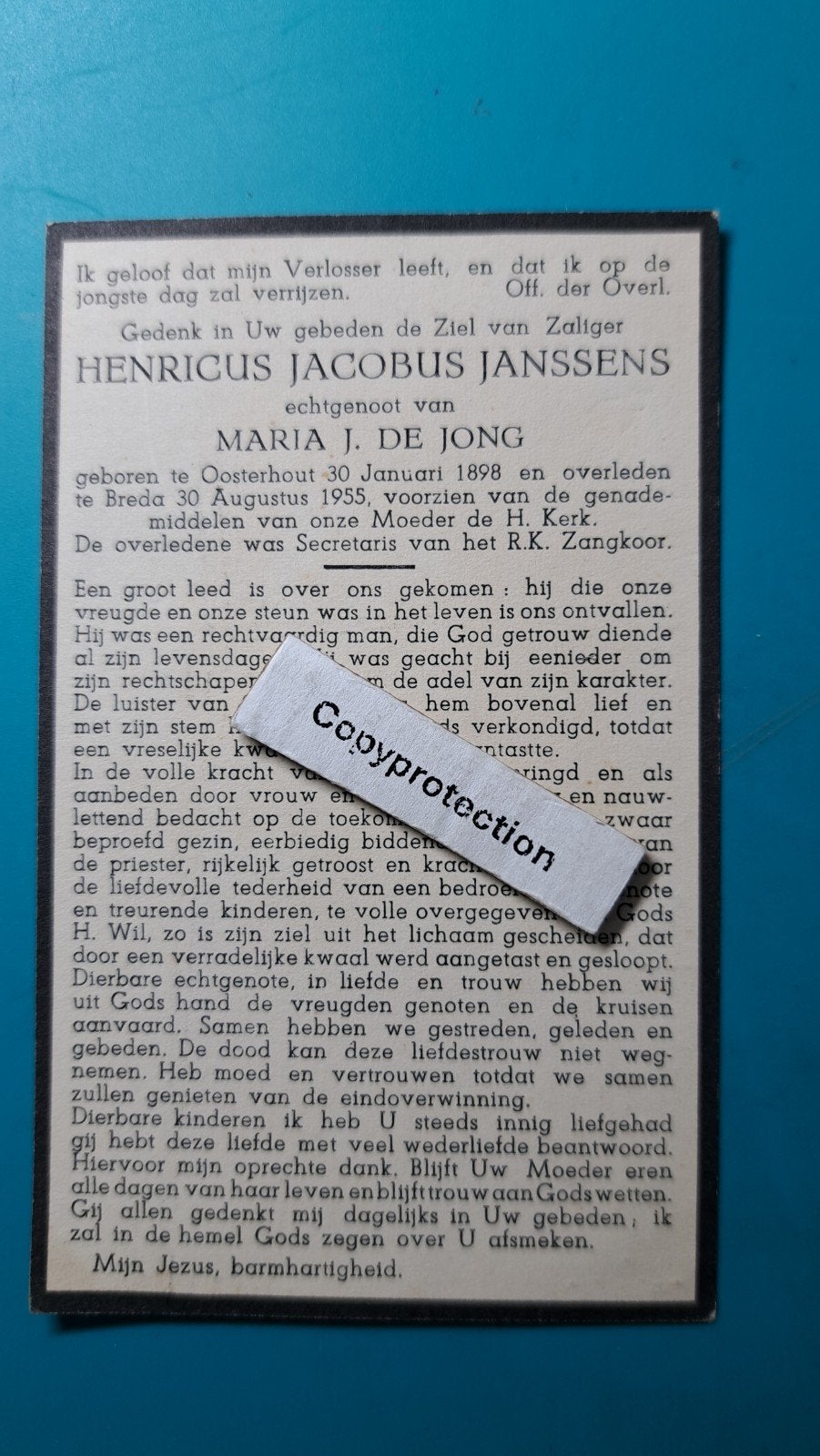 Henricus Jacobus Janssens, Oosterhout 1898, Breda 1955, Verzenden, Bidprentje