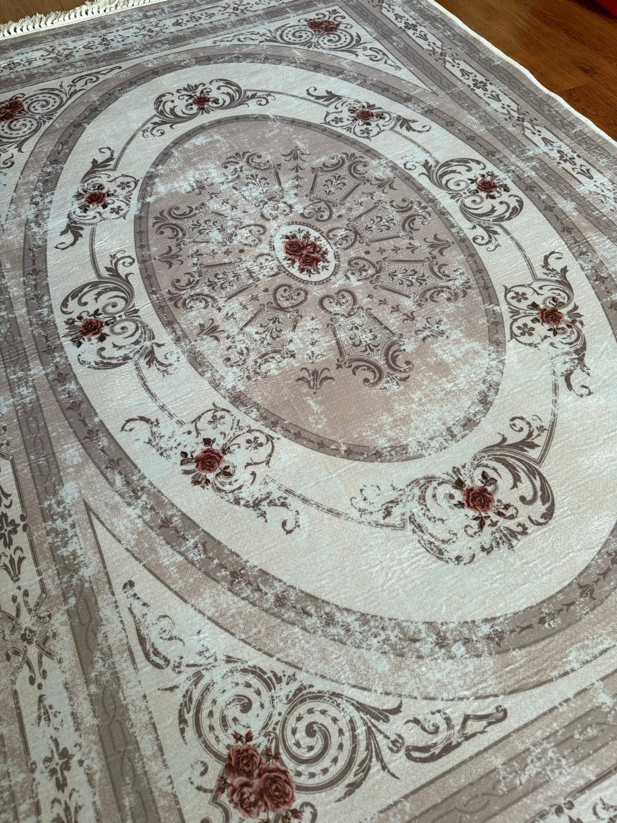 Beige vloerkleed met rozenpatroon - 131x207 cm, Ophalen, Gebruikt, 100 tot 150 cm, Beige