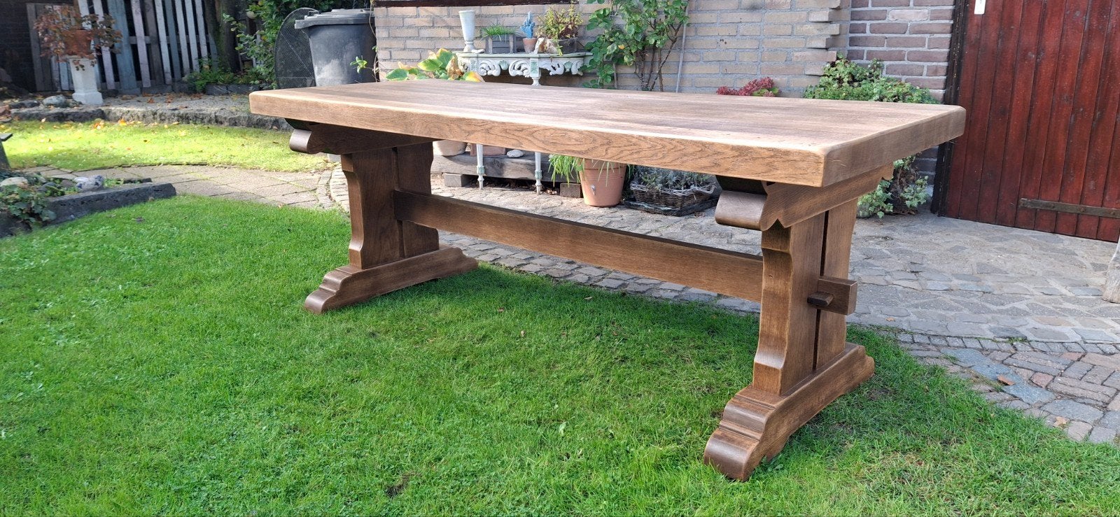 Oude eikenhouten eettafel kloostertafel. 202x80.5 cm, Landelijk sober stoer, Eikenhout, Zo goed als nieuw, Vijf personen of meer