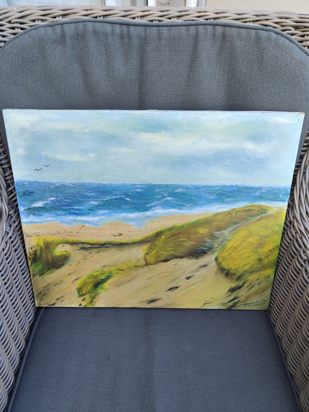 Schilderij: Duinlandschap met zeezicht, Doek, Realistisch, Ophalen of Verzenden, Landschap