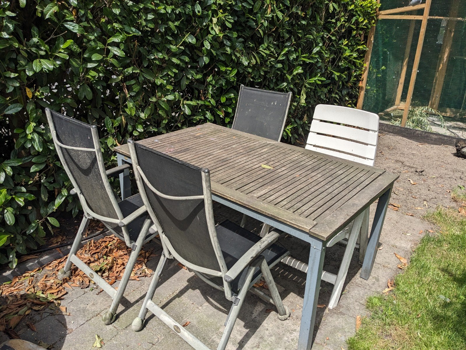 Houten tuintafel met 4 stoelen, Tuin en Terras, Ophalen, Gebruikt, Rechthoekig, Hout
