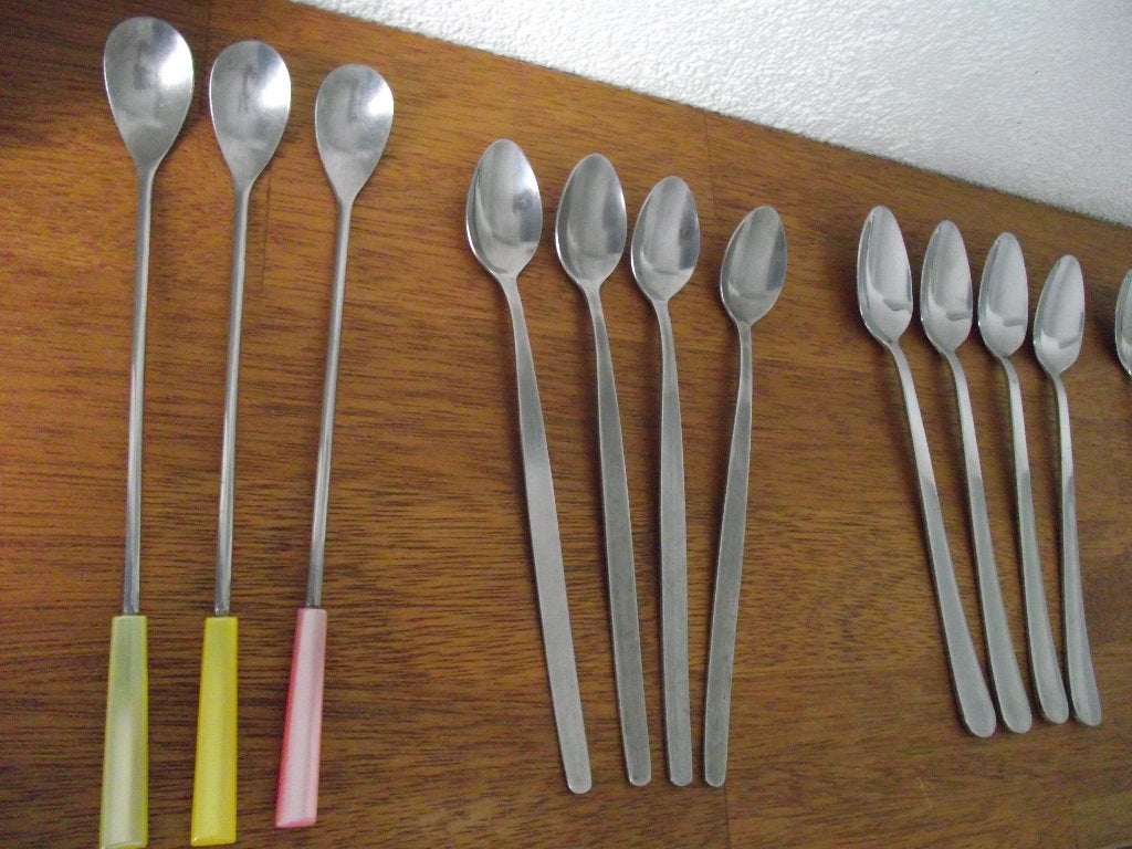 23 vintage RVS ijslepel longdrink lepel 19-20 cm 7 sets p st, Antiek en Kunst, Ophalen of Verzenden