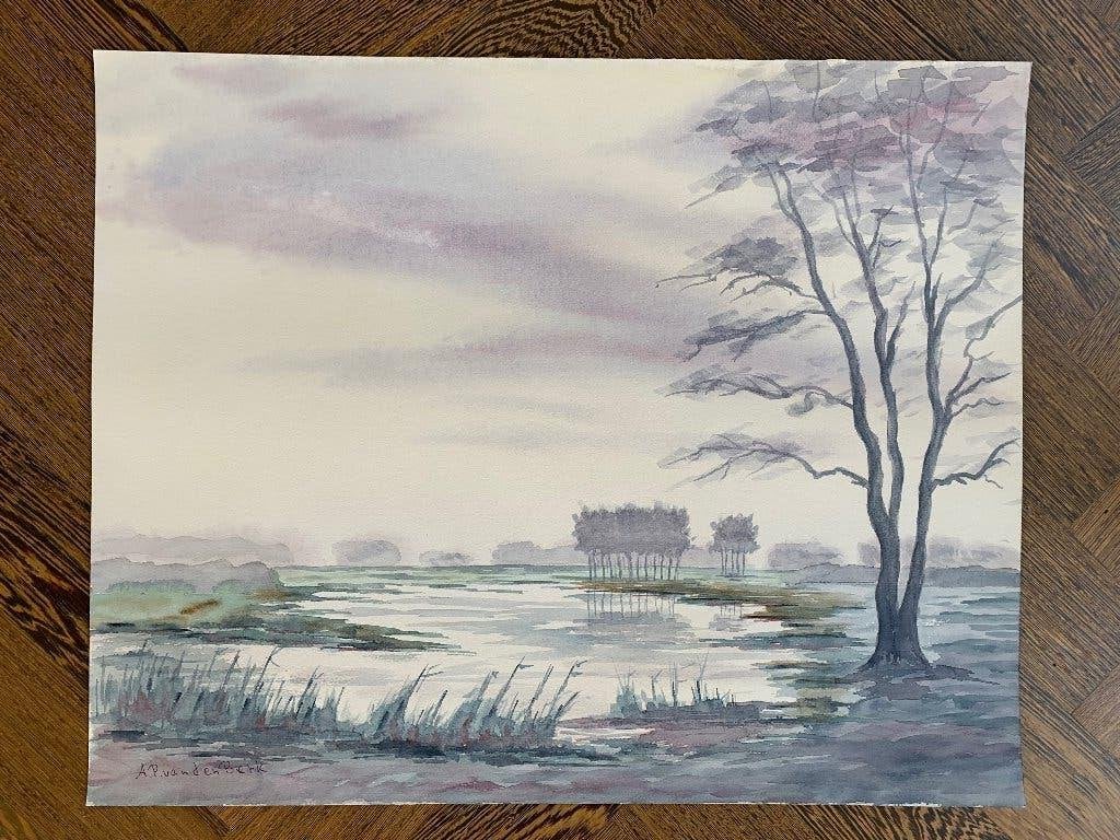 Aquarel Wijk en Aalburg 39,5x50cm AP van den Berk 2012, Ophalen of Verzenden, Landschap, Papier, Klassiek