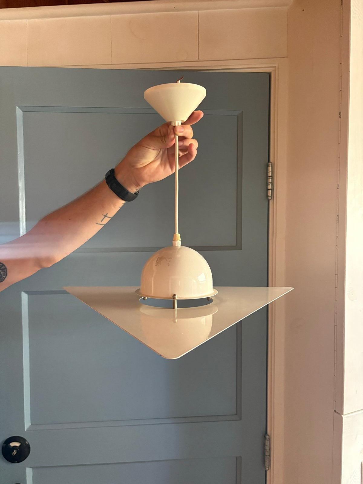 Vintage d-L Lampen Holland Plafondlamp Driehoek Wit, Ophalen, Gebruikt, Metaal, E27 (groot)