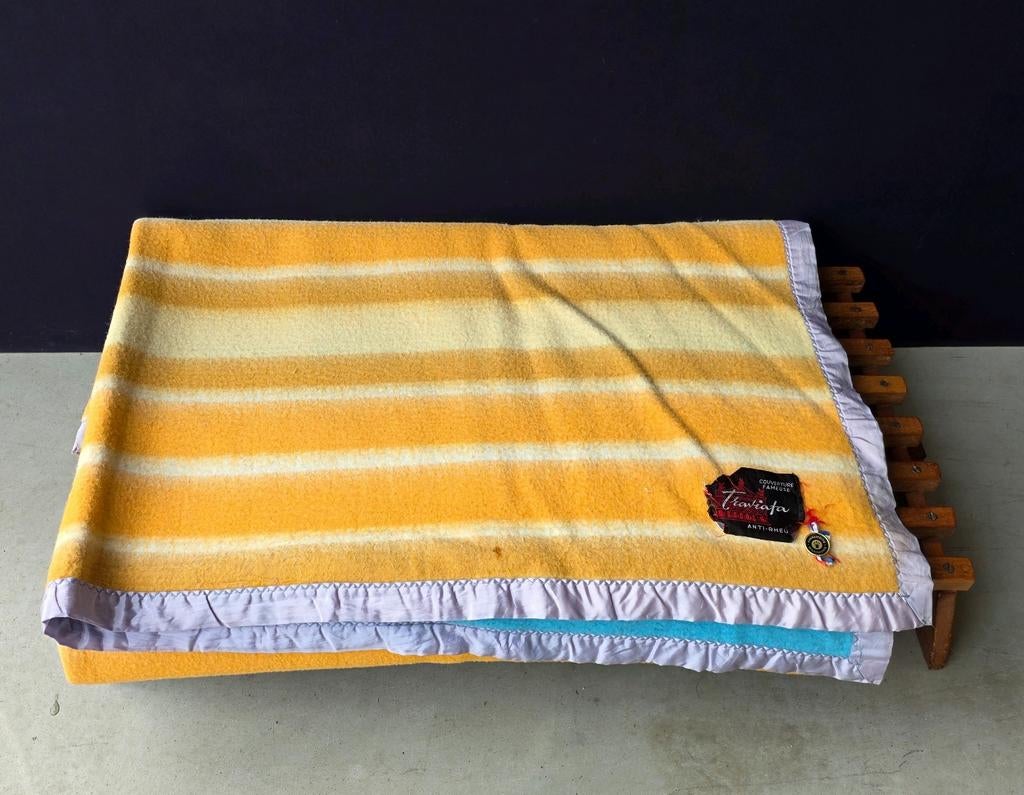 Vintage Geel Gestreepte Dralon Deken - 180x220, Gebruikt, Eenpersoons, Vintage, Geel