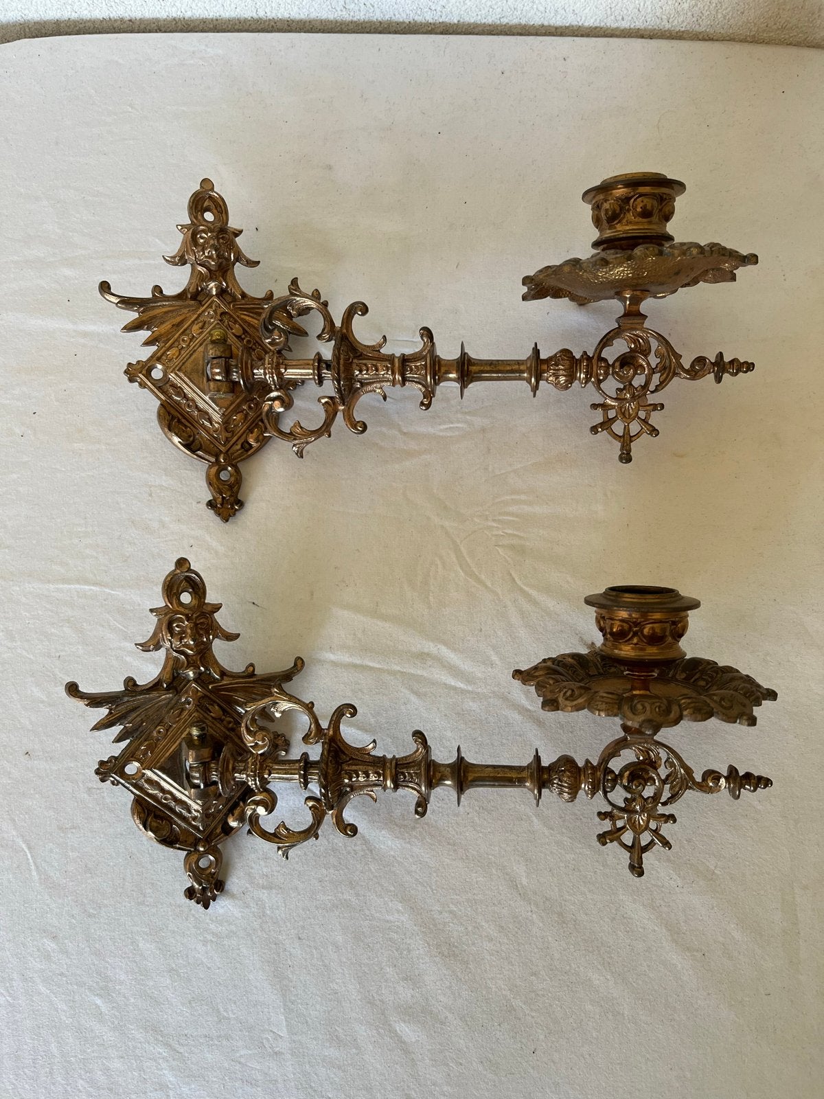 Antieke Koperen Pianokandelaars / Wandkandelaars - Set van 2, Ophalen of Verzenden, Koper of Brons