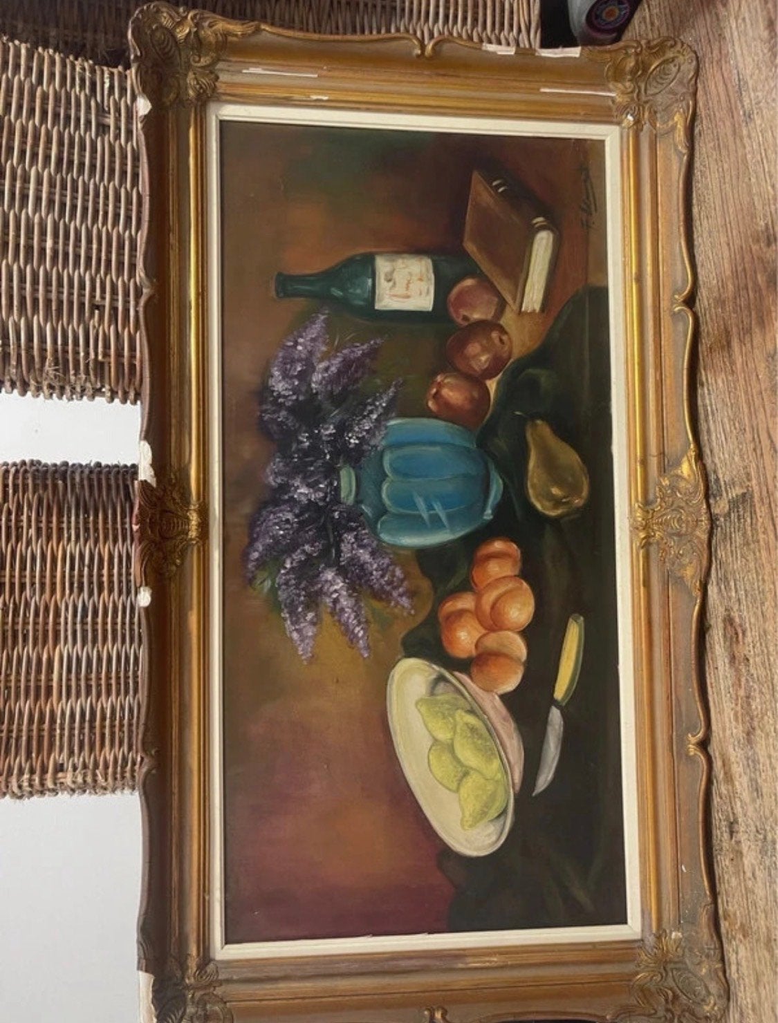 Antiek barok 17cmx68cm olieverfschilderij gouden lijst, Doek, Bijzondere lijst, Stilleven, Ophalen of Verzenden