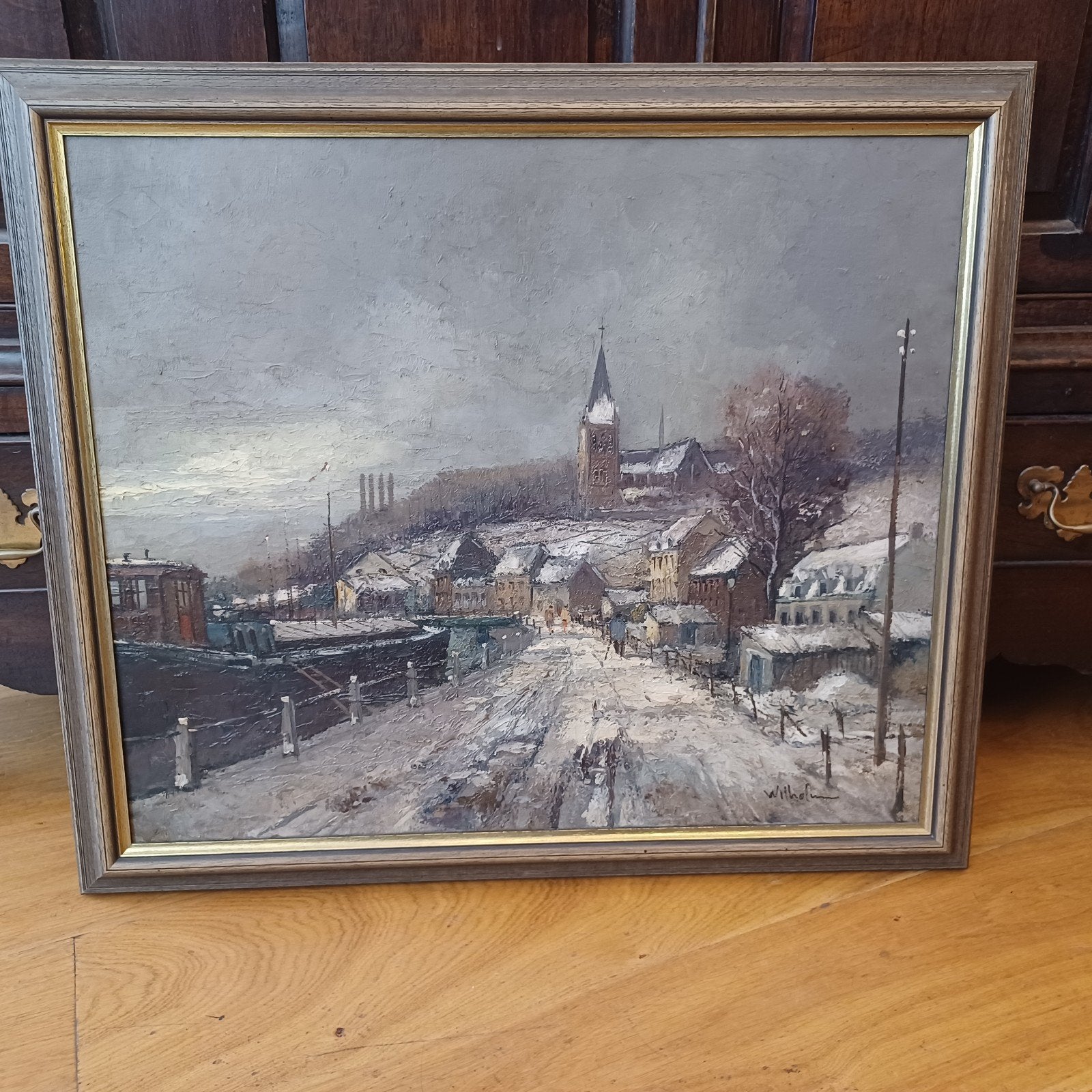 schilderij Maastricht het kanaal naar Luik bij Sint Pieter, Doek, Ophalen of Verzenden, Landschap, Olieverf