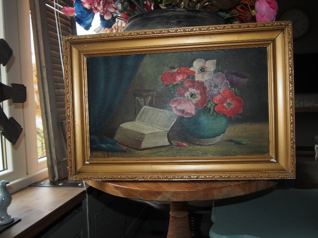 Brocante Schilderij Stilleven met Bloemen - 49x33 cm, Antiek en Kunst, Ophalen, Handgeschilderd, Doek, Stilleven