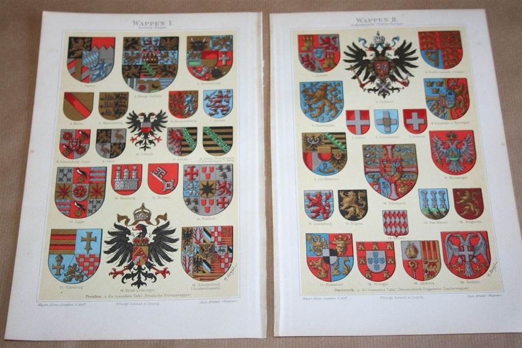 4 antieke kleurenlitho\'s - Heraldiek [wapens] - Ca 1900, Ophalen of Verzenden